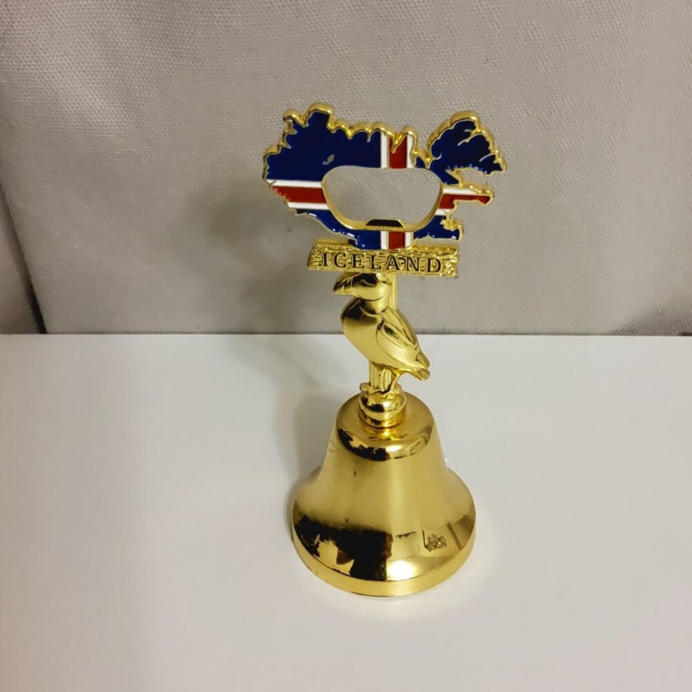 Vintage Iceland Souvenir Hand Bell Puffin Bird Map Flag Bottle Opener Travel